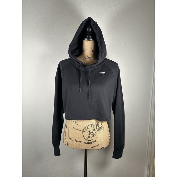 Gymshark Cropped Hoodie Sweatshirt Women Black Athletic Workout Size Large - Picture 2 of 13